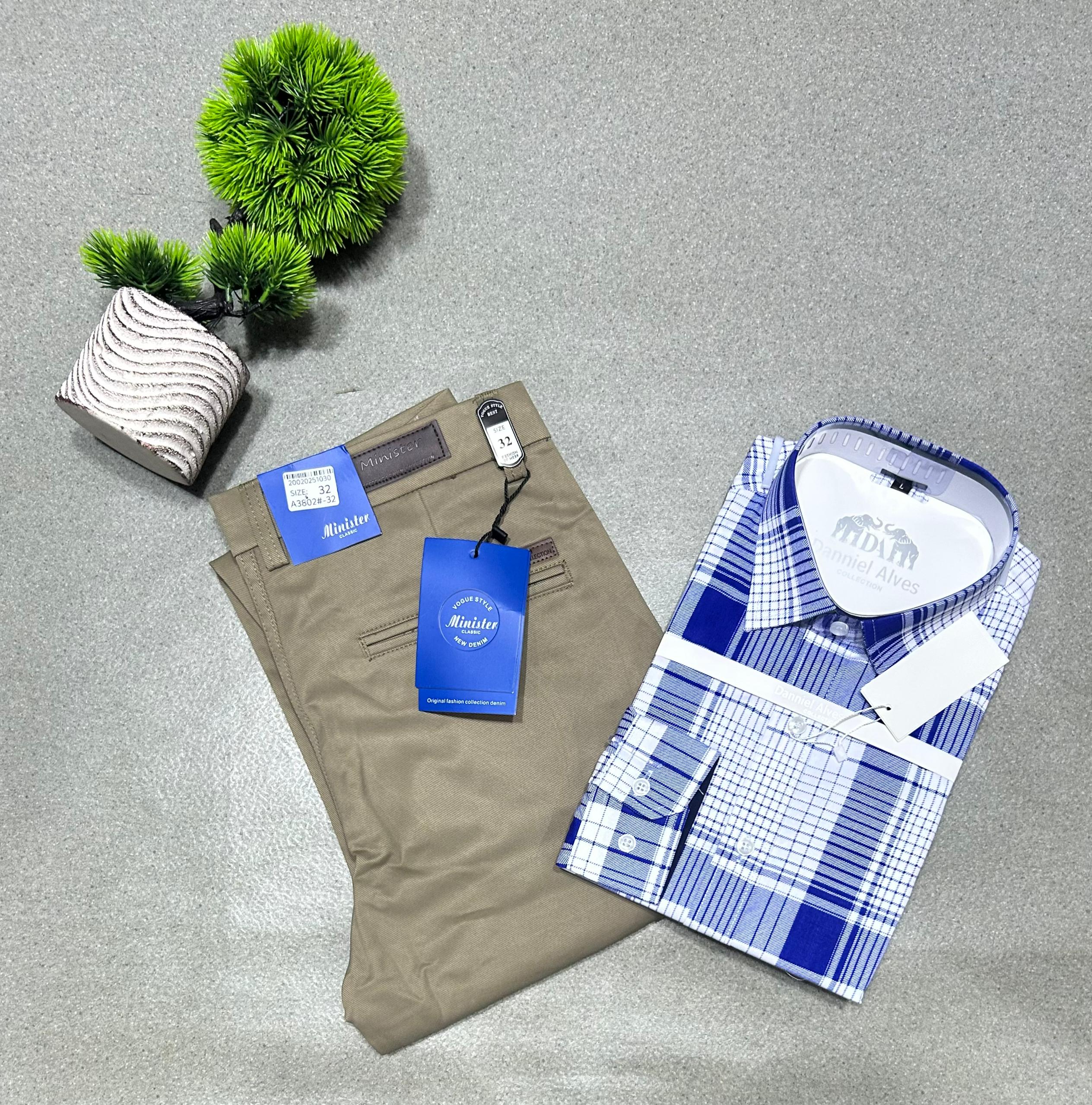 Ensemble chic décontracté homme – Pantalon chino beige & chemise à carreaux bleus - Accessoires - MD Shop